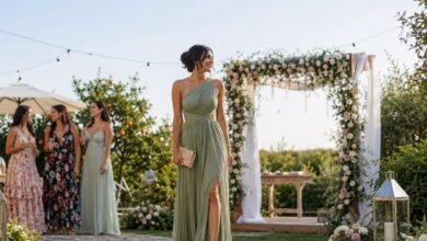 Woman wearing a sage green backyard wedding guest dress near a floral wedding arch with friends in the background