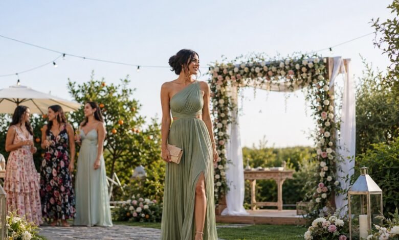 Backyard wedding guest dress idea with relaxed polish, garden-party styling, and comfortable celebration details