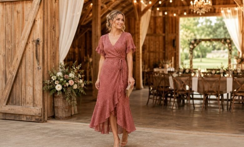 Barn wedding guest dress idea with rustic romantic styling, soft color, and polished countryside details