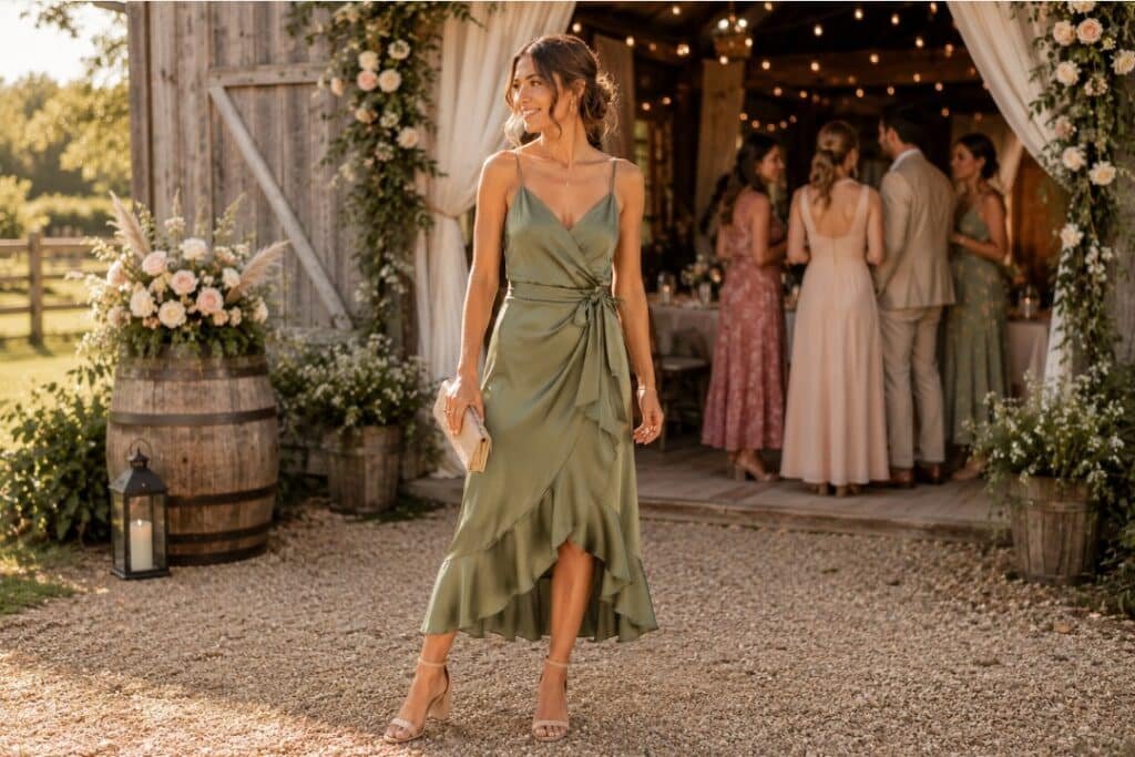 Woman wearing a sage green barn wedding guest dress outside a rustic barn wedding venue at golden hour