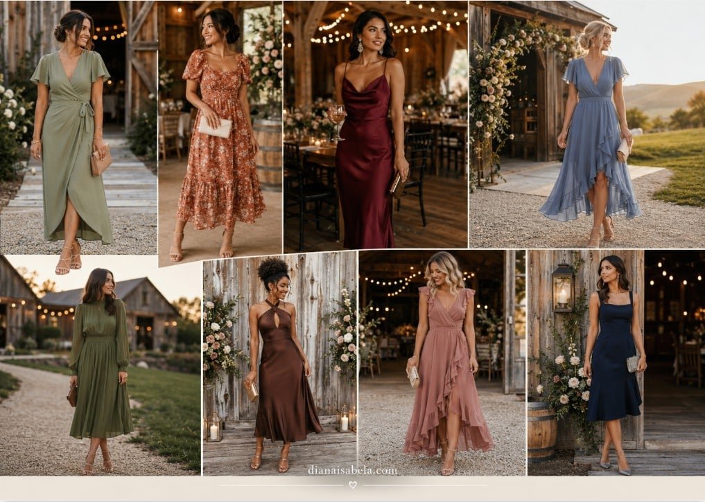 Barn wedding guest dresses collage with different women in rustic chic midi dresses, wrap dresses, satin dresses, floral dresses, and elegant barn wedding outfits