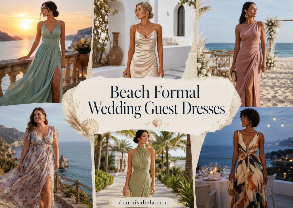 Collage banner with beach formal wedding guest dresses, featuring diverse women in flowy gowns, elegant coastal dresses, and seaside formal outfits