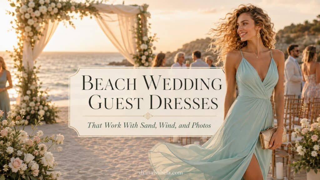 Beach wedding guest dresses banner with a curly blonde woman in a seafoam dress, ocean view, floral arch, sand, and golden coastal light