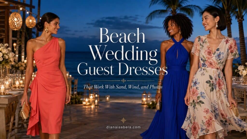 Beach wedding guest dresses banner with three diverse women in coral, cobalt blue, and floral dresses at a tropical blue-hour seaside reception