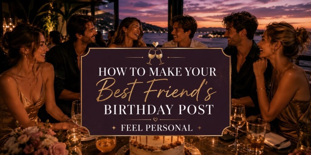 Coastal lounge birthday banner with stylish girls and boys, birthday cake, sunset sea view, and centered title text
