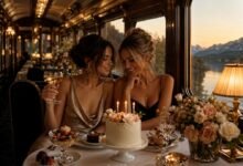 Best friends celebrating a birthday in a luxury train restaurant with cake, candles, flowers, and cinematic friendship mood