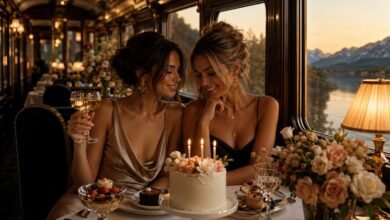 Best friends celebrating a birthday in a luxury train restaurant with cake, candles, flowers, and cinematic friendship mood
