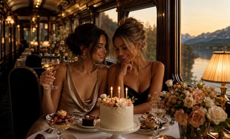 Best friends celebrating a birthday in a luxury train restaurant with cake, candles, flowers, and cinematic friendship mood