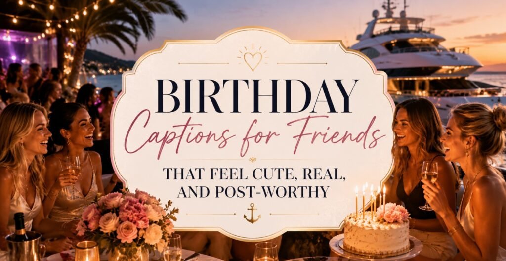 Birthday Captions for Friends That Feel Cute, Real, and Post-Worthy 2 Luxury sea club birthday captions banner with stylish friends, yacht, cake, coastal party lights, and centered title text