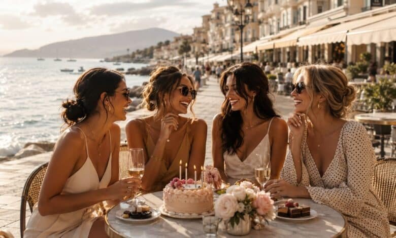 Stylish friends celebrating a birthday at a seaside café with cake, candles, flowers, and golden coastal light