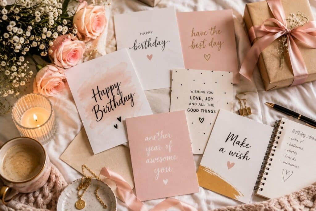 Birthday Cards That Feel Like Tiny Love Notes 2 A cozy flat lay of stylish birthday cards, flowers, candle, coffee, notebook, gift, and soft pink stationery on a bed.