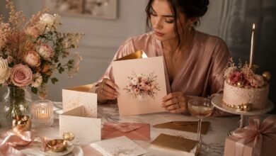 A stylish young woman holding an elegant birthday card at a soft glam celebration table with flowers, candles, cake, envelopes, and gifts.