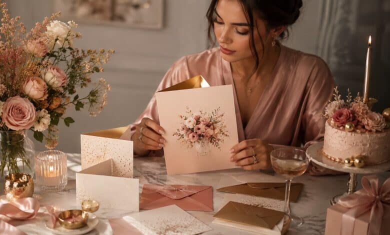 A stylish young woman holding an elegant birthday card at a soft glam celebration table with flowers, candles, cake, envelopes, and gifts.