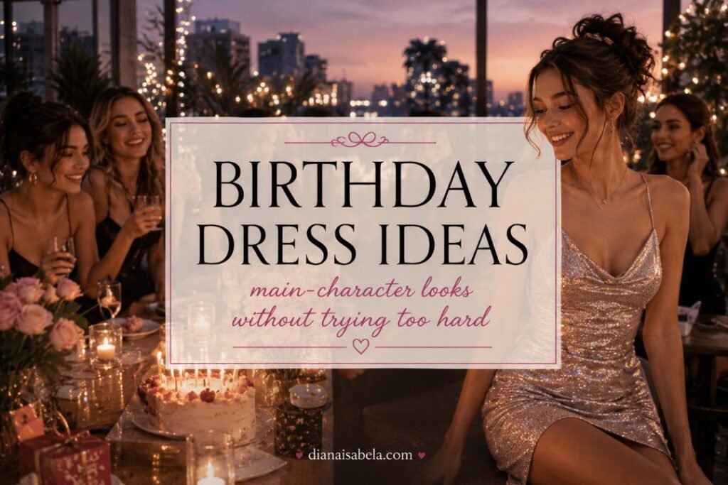 Birthday Dress Ideas for Looking Like the Main Character Without Trying Too Hard 2 Birthday dress ideas banner with stylish girls at a rooftop birthday party, silver mini dress, cake, city lights, candles