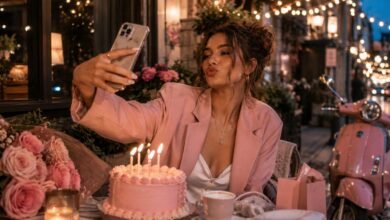 A stylish young woman taking a birthday selfie at a cozy evening street café with pink cake, candles, roses, coffee, gift bag, and a pink scooter.