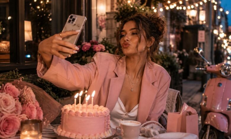 A stylish young woman taking a birthday selfie at a cozy evening street café with pink cake, candles, roses, coffee, gift bag, and a pink scooter.