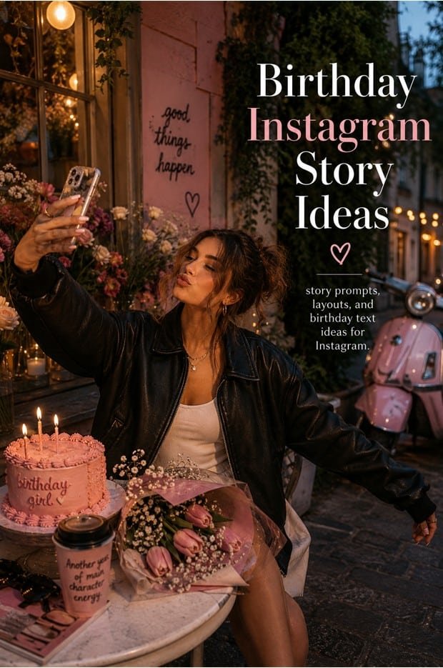 A stylish young woman taking a birthday selfie at an outdoor café in the evening with cake, flowers, candles, pink scooter, and city lights.