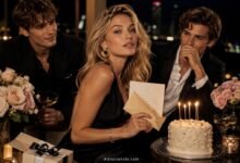 Luxury fashion magazine style birthday letter cover with blonde woman, two stylish men, cake, candles, flowers, gift box, and handwritten letter