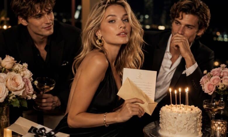 Luxury fashion magazine style birthday letter cover with blonde woman, two stylish men, cake, candles, flowers, gift box, and handwritten letter