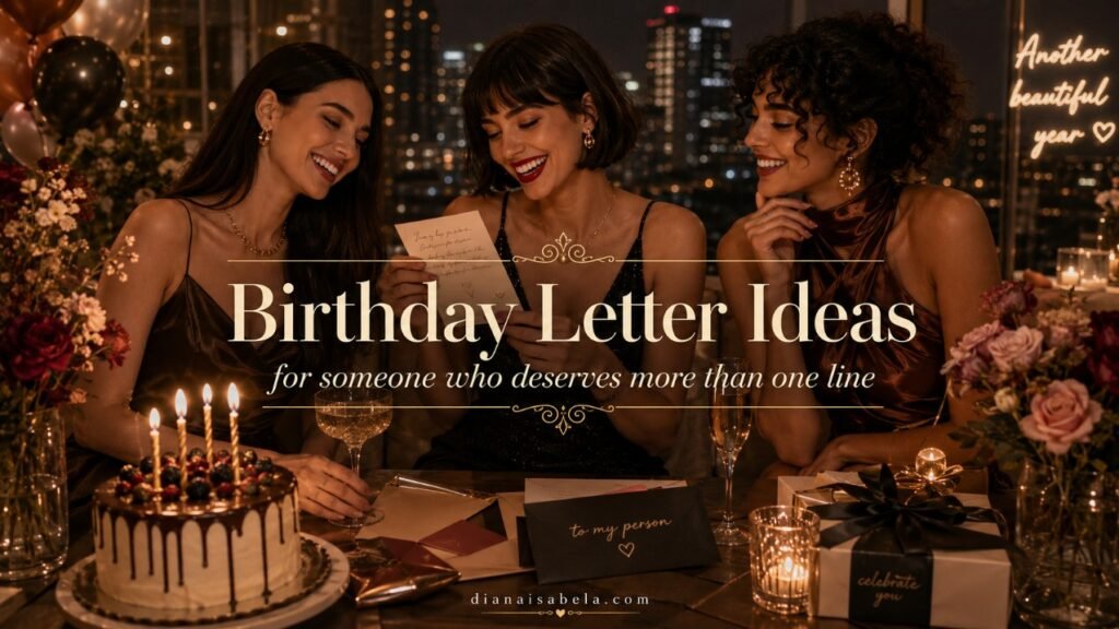 Fashion magazine style birthday letter ideas banner with three stylish women, centered title text, handwritten letter, cake, candles, gifts, and city lights