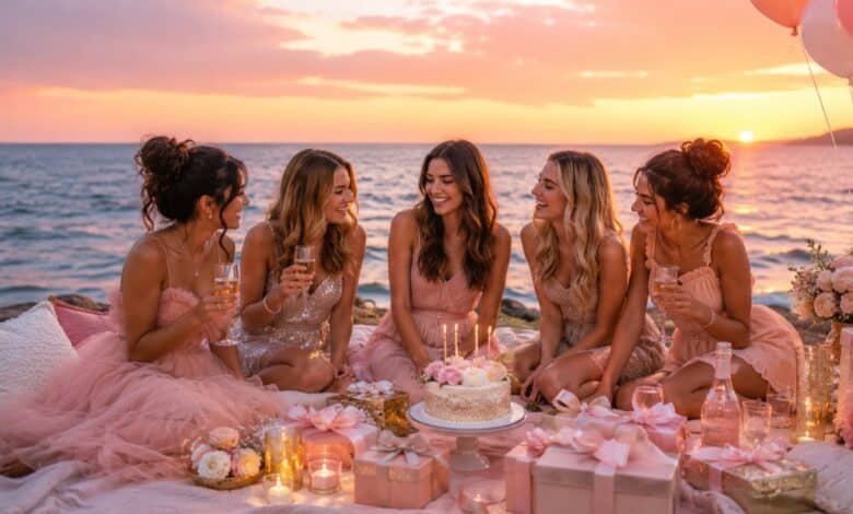 A group of stylish friends celebrating a birthday by the sea at sunset with cake, balloons, gifts, candles, and soft pink party decor.