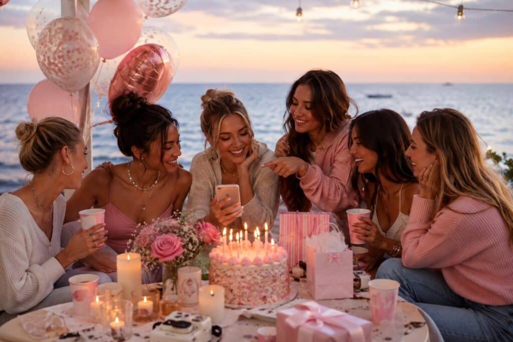 A group of stylish friends laughing together at a seaside birthday party with cake, candles, balloons, gifts, and a phone.