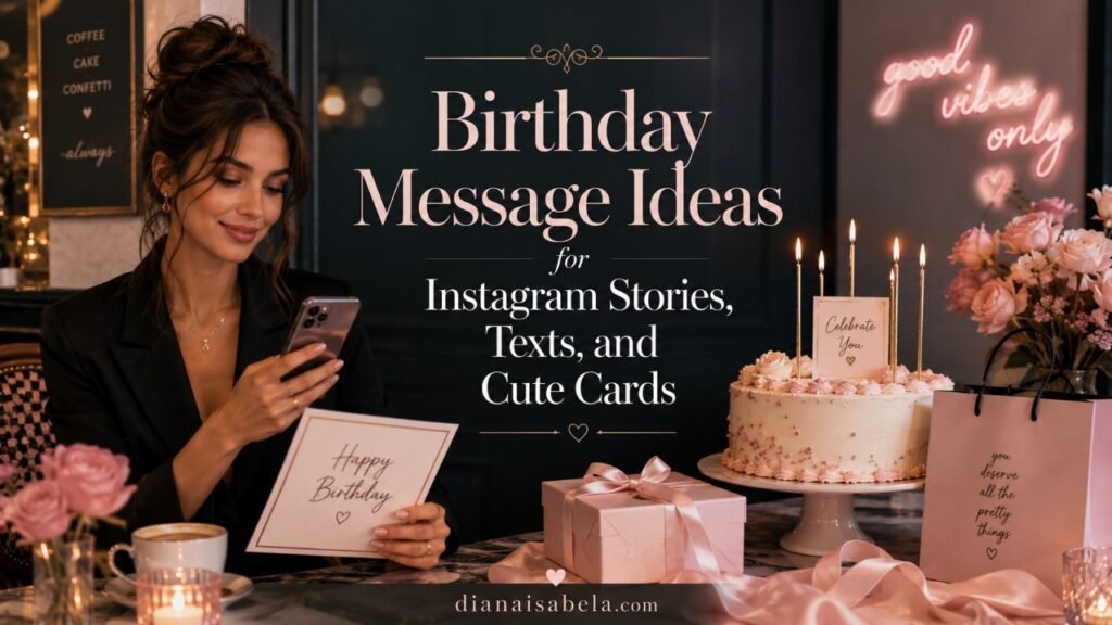 Birthday Message Ideas for Instagram Stories, Texts, and Cute Cards 2 Wide magazine-style birthday message ideas banner with centered title text, woman holding phone and birthday card, cake, candles, flowers, and gifts