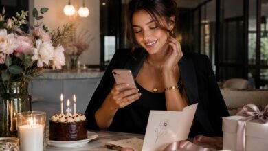 Stylish woman reading a birthday message on her phone beside cake, candles, flowers, gift box, and a birthday card