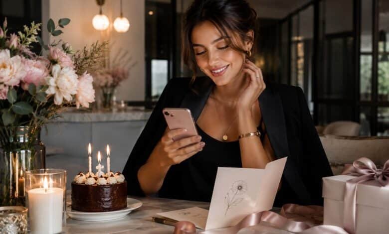 Stylish woman reading a birthday message on her phone beside cake, candles, flowers, gift box, and a birthday card