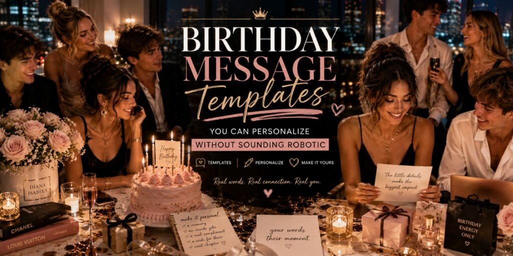 Glamorous youth magazine birthday message templates banner with stylish students, centered title text, cake, candles, notes, gifts, and city-night party mood