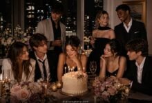Glamorous youth fashion magazine birthday cover with stylish students, birthday cake, candles, flowers, city views, and luxury party mood