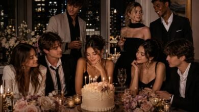Glamorous youth fashion magazine birthday cover with stylish students, birthday cake, candles, flowers, city views, and luxury party mood