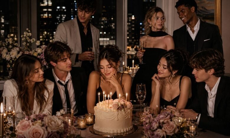Glamorous youth fashion magazine birthday cover with stylish students, birthday cake, candles, flowers, city views, and luxury party mood
