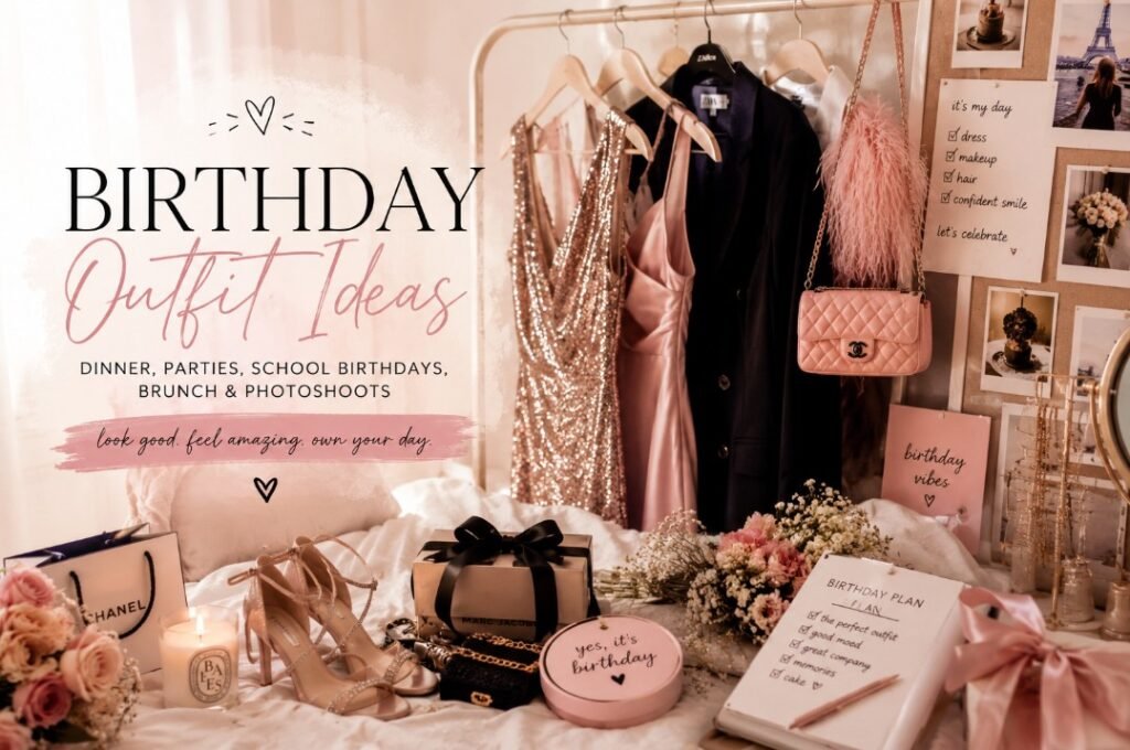 Birthday Outfit Ideas for Dinner, Parties, School, Brunch & Photoshoots 2 A stylish young woman choosing a birthday outfit in a fashionable bedroom with dresses, heels, accessories, flowers, and soft glam decor.