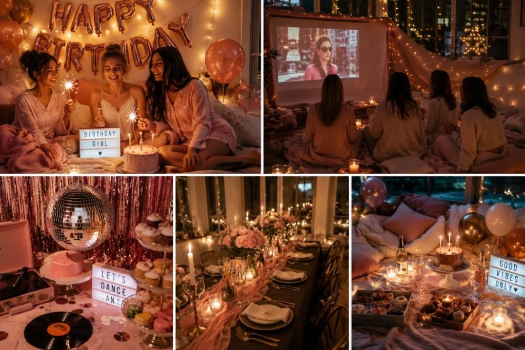 Birthday Party Ideas for Small Parties, Sleepovers & Aesthetic Celebrations 2 A cozy birthday party collage with friends, sparklers, movie night, disco decor, candlelit dinner table, cake, balloons, and pink party details.
