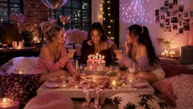 Three stylish friends celebrating a cozy birthday sleepover in a loft with cake, candles, disco ball, fairy lights, pillows, and pink party decor.