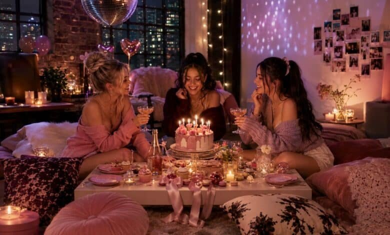 Three stylish friends celebrating a cozy birthday sleepover in a loft with cake, candles, disco ball, fairy lights, pillows, and pink party decor.