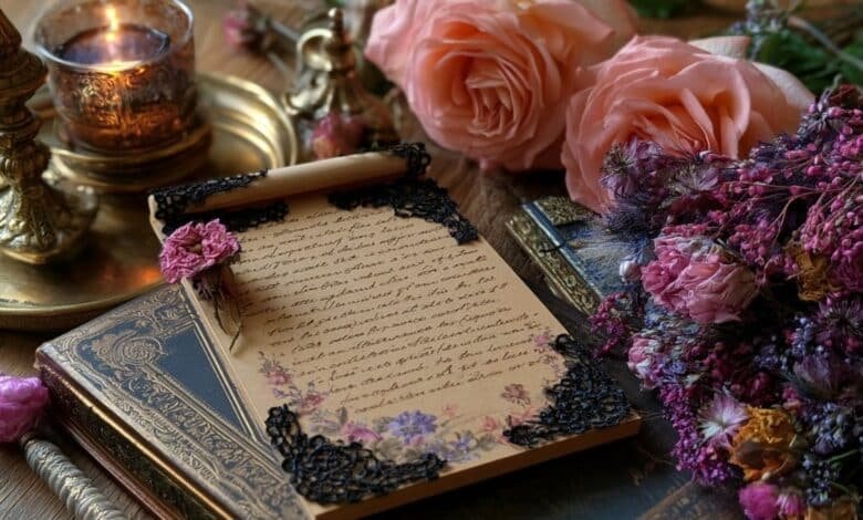 Birthday poem for girlfriend with handwritten love note and romantic flower details