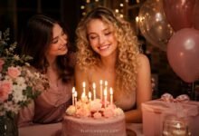 European blonde girl with curly hair celebrating a friend’s birthday with cake, candles, balloons, flowers, and warm party mood