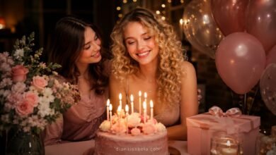 European blonde girl with curly hair celebrating a friend’s birthday with cake, candles, balloons, flowers, and warm party mood