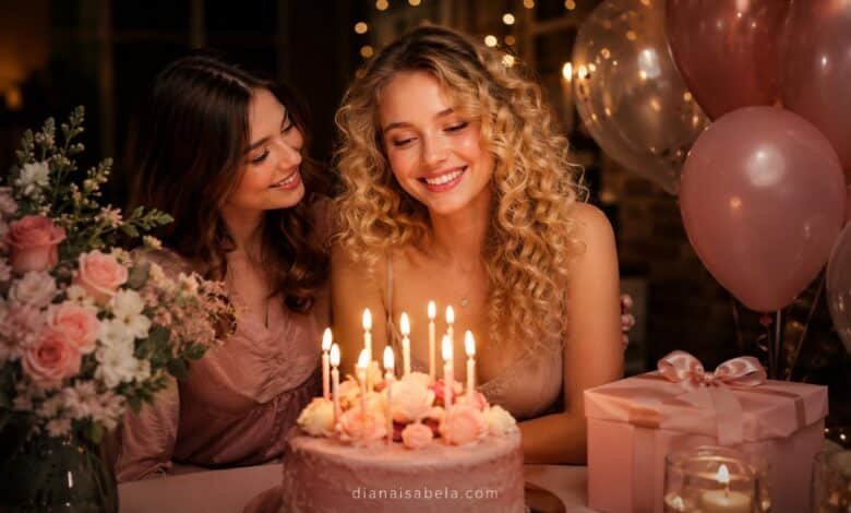 European blonde girl with curly hair celebrating a friend’s birthday with cake, candles, balloons, flowers, and warm party mood
