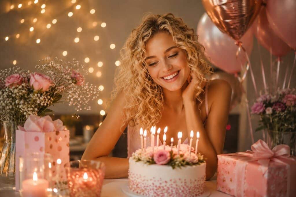 Birthday Post Ideas for a Friend Who Deserves More Than “HBD” 2 Curly blonde girl at a warm birthday celebration with cake, candles, pink balloons, flowers, and gifts