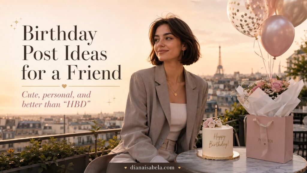 Birthday Post Ideas for a Friend Who Deserves More Than “HBD” 3 Paris rooftop birthday post ideas banner with stylish brunette girl, cake, balloons, flowers, and elegant city view