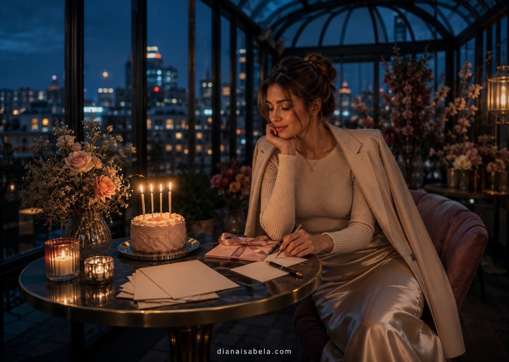 Birthday Quotes That Feel Short, Stylish & Saved 1 A stylish young woman writing birthday quotes in a glass conservatory at night with cake, candles, flowers, cards, and city lights.