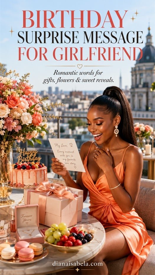 Birthday surprise message for girlfriend with romantic gift and flower ideas