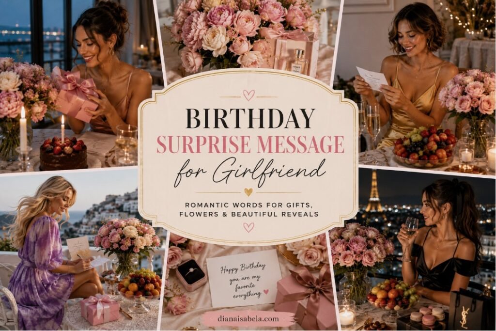 Birthday surprise message for girlfriend with romantic gift and flower ideas