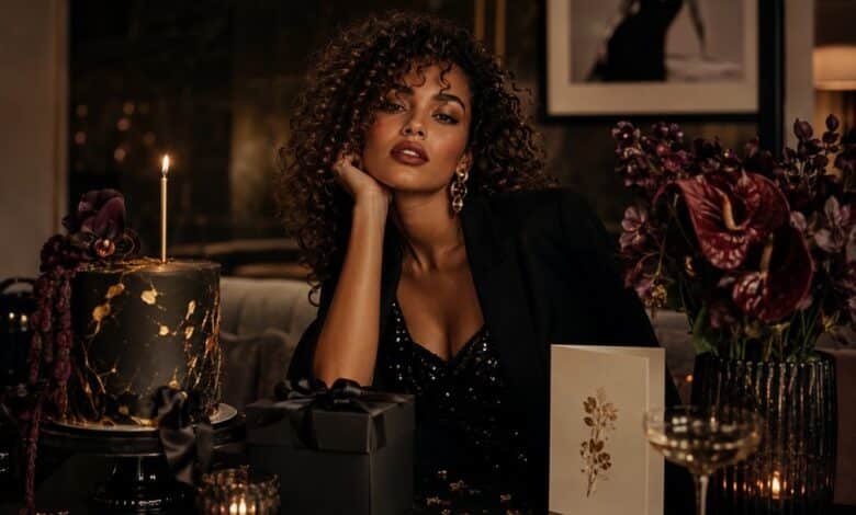 Luxury fashion magazine style birthday cover with curly-haired woman, black cake, candles, gift box, flowers, and birthday card