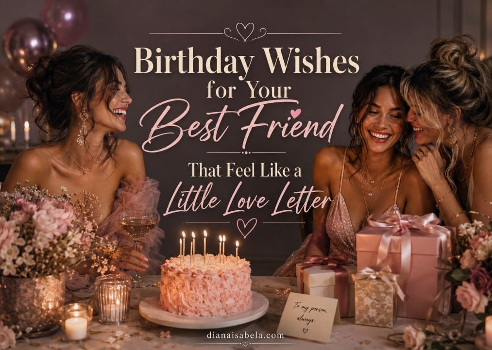 Birthday Wishes for Your Best Friend That Feel Like a Little Love Letter 2 Magazine style birthday wishes for best friend banner with three stylish friends, centered title text, pink cake, candles, gifts, and flowers