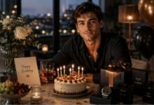 Birthday wishes for adult son with a stylish celebration scene, cake, thoughtful gifts, watch, birthday card, and warm parent message ideas