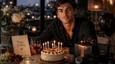 Birthday wishes for adult son with a stylish celebration scene, cake, thoughtful gifts, watch, birthday card, and warm parent message ideas